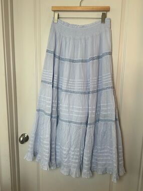 Neo Noir Tiered Ruffle Boho Powder Blue Prairie Maxi Skirt, Medium